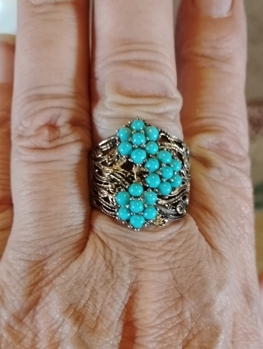 Turquoise Cluster Floral Silver Ring Marked 925